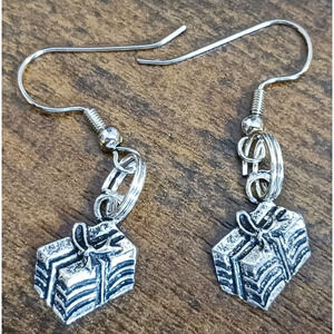 Handcrafted Silvertone Christmas Present Dangle Earrings Jewelry